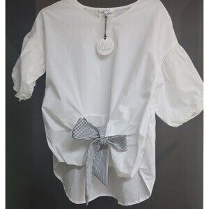 Coco Blue Womens White Cotton Top Short Sleeve Black & White Front Tie Sz S NWT